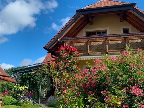Rosengarten mit Hausansicht - 10 Zimmer Einfamilienhaus zum Kaufen in Bad Liebenzell