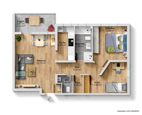 Grundriss-Möblierungsvorschlag - 228.000,00 EUR Kaufpreis, ca.  70,00 m² Wohnfläche