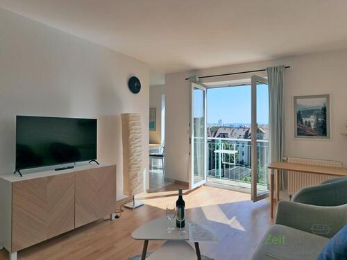 Blick zu TV und Küche - 1 Zimmer Etagenwohnung in Erfurt