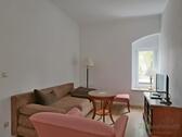 Wohnbereich mit Sofa und TV - (EF1044_M) Dresden: Lockwitz, großzügiges möbliertes Apartment, Erstbezug in gepflegtes Haus mit Garten
