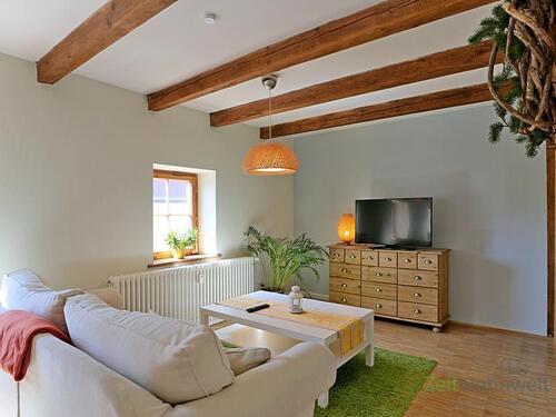 Sofa und TV im Wohnzimmer - (EF0658_M) Erfurt: Altstadt, möblierte Dachgeschosswohnung im denkmalgeschützen Altbau, Parkettböden, WLAN inklusive
