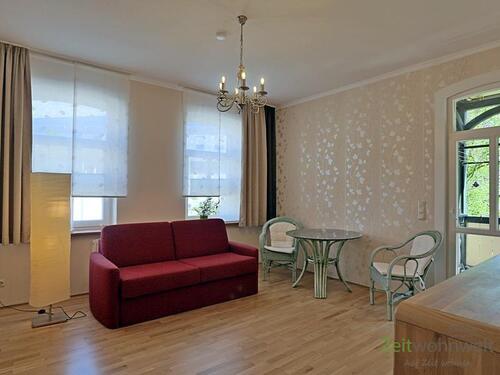 Blick ins Wohnzimmer - (EF0672_M) Jena: Lichtenhain, geniale 2-Zimmer-Wohnung, vollmöbliert, überdachte Terrasse, Wohnküche, Service inklusive