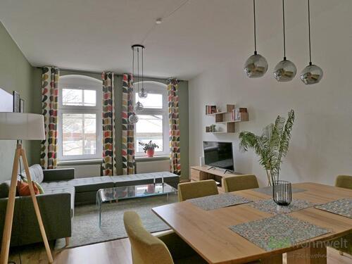 Blick ins Wohnzimmer - (EF0995_M) Chemnitz: Altendorf, großes möbliertes Apartment mit ruhigem Schlafzimmer, WLAN und Waschmaschine