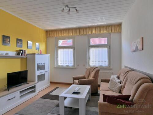 Blick ins Wohnzimmer - (EF1342_M) Halle: Kanena-Bruckdorf, preiswerte möblierte Wohnung mit Terrasse, ruhige Seitenstraße, WLAN