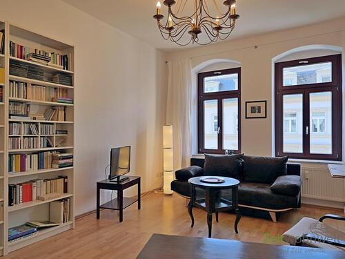 Bücherwand und TV - (EF0522_M) Dresden: Leipziger Vorstadt, möblierte 2-ZKB mit Parkett und ruhigem Sonnenbalkon, denkmalgeschütztes Haus