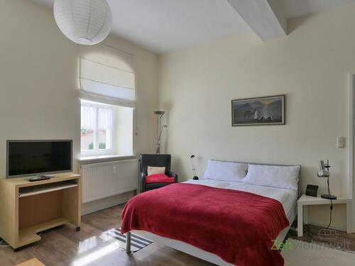 Blick zu TV und Bett - 1 Zimmer Etagenwohnung zur Miete in Ilmtal-Weinstraße