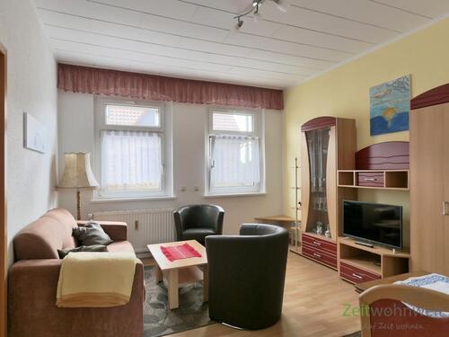 Blick ins Wohnzimmer - (EF1342_M) Halle: Kanena-Bruckdorf, preiswerte möblierte Wohnung mit Terrasse, ruhige Seitenstraße, WLAN inkl.