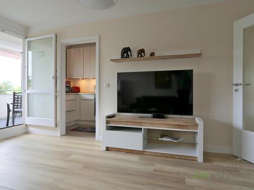 Blick zu Küche und TV - 2 Zimmer Etagenwohnung in Dresden