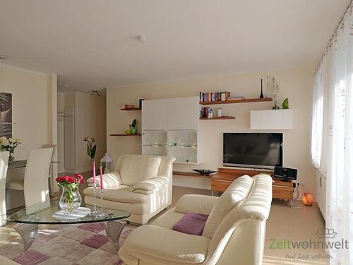 Blick zum TV - (EF0464_M) Dresden: Radeberger Vorstadt, Top-moderne 2-Zimmer-Wohnung mit Terrasse und 50m² Garten, Reinigungsservice.