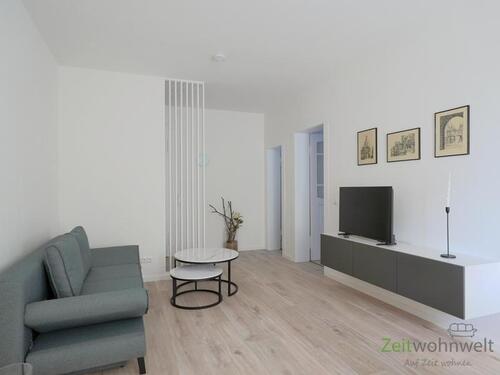 Blick zu Sofa und TV - 2 Zimmer Etagenwohnung zur Miete in Radebeul