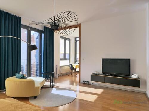 Blick zu Chaiselongue, Küche und TV - (EF1318_M) Eisenach: Innenstadt, möbliertes City-Apartment im Retro-Style, Grundreinigung und PKW-Stellplatz inkl.