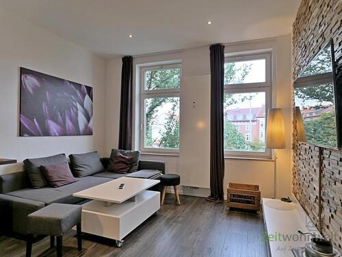 Blick ins Wohnzimmer - (EF0491_M) Erfurt: Daberstedt, neu möblierte 2-Zimmer-Wohnung nahe Bahnhof und Innenstadt, WLAN inklusive