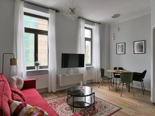 Blick ins Wohnzimmer - (EF1412_M) Chemnitz: Schloßchemnitz, hübsches möbliertes 2-Zimmer-Apartment in der Stadtmitte