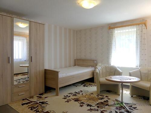 Wohnzimmer, Bett und Kleiderschrank - (EF0401_M) Dresden: Laubegast, vollmöbliertes Apartment mit Dusche, TV, WLAN, fast barrierefrei