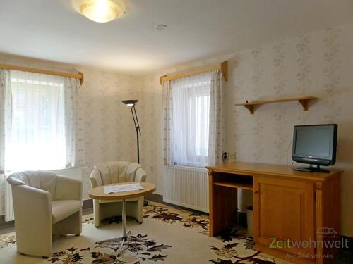 Wohnzimmer, TV, Schreibtisch und Sessel - 1 Zimmer Etagenwohnung zur Miete in Dresden