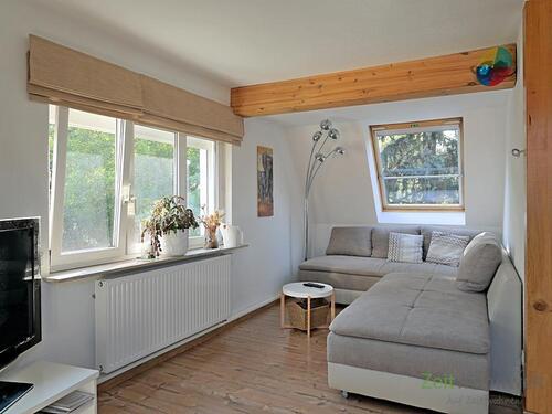 Schlafsofa im Wohnzimmer - (EF0690_M) Dresden: Briesnitz, kleine preiswerte Maissonette-Wohnung in ruhiger Wohnlage, WLAN inkl., Service möglich