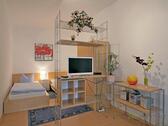 Raumteiler, TV und Bett - (EF0670_M) Jena: Süd, kleines möbliertes Apartment, WLAN inklusive