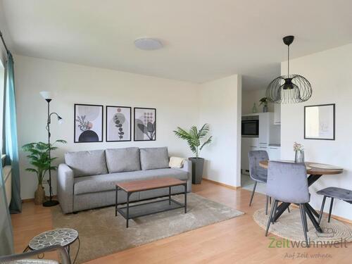 Blick ins Wohnzimmer - (EF1389_M) Dresden: Dohna, neu möblierte 2-Zimmer-Wohnung mit PKW-Stellplatz und Balkon