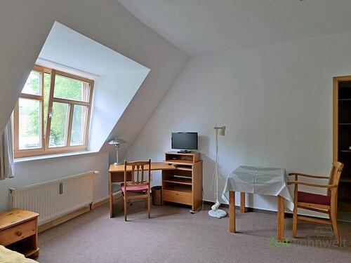 Schreibtisch und TV - (EF0799_M) Dresden: Strehlen, kleines möbliertes Apartment, preiswert für Wochenendheimfahrer, WLAN inklusive