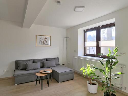 Blick zum Ecksofa - (EF1360_M) Arnstadt: Alkersleben, neu möblierte Wohnung mit eigenem Hauseingang, großer Außenbereich mit Terrasse