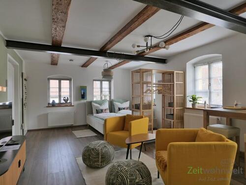 Blick zum Raumteiler-Regal - 1 Zimmer Etagenwohnung in Dresden