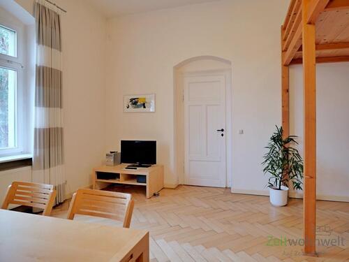 TV und Blick zum Bad - Etagenwohnung mit 36,00 m&sup2; in Dresden zur Miete