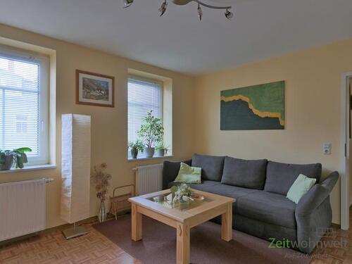 Blick zum Sofa - (EF1054_M) Dresden: Freital, preiswertes, neu möbliertes 2-Zimmer-Apartment in Freital-City