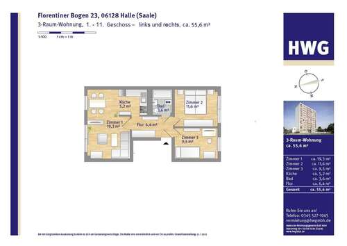 Foto - Wohnung zum Mieten in Halle 330,00 € 55.12 m²