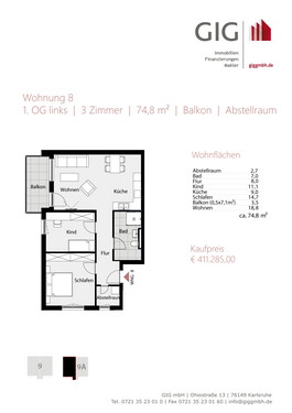 Foto - Wohnung zum Kaufen in Karlsruhe 411.285,00 € 74.8 m²