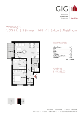 Foto - Wohnung zum Kaufen in Karlsruhe 411.285,00 € 74.8 m²
