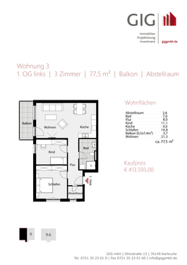 Foto - Wohnung zum Kaufen in Karlsruhe 413.595,00 € 77.5 m²