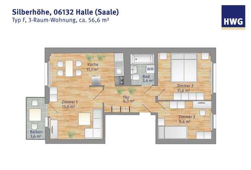Foto - Wohnung zum Mieten in Halle 367,00 € 56.36 m²