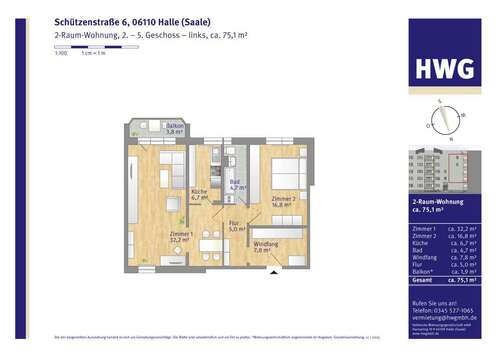 Foto - Wohnung zum Mieten in Halle 638,00 € 75.08 m²
