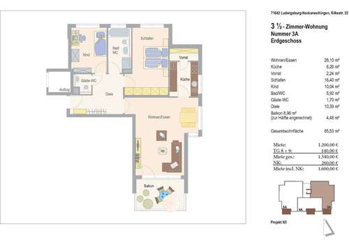 Foto - Wohnung zum Mieten in Ludwigsburg-Neckarweihingen 1.200,00 € 85.53 m²