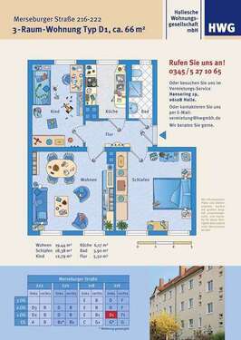 Foto - Wohnung zum Mieten in Halle 464,00 € 66.2 m²