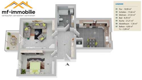Grundriss - großzügige Erdgeschosswohnung 2 Zimmer 84m² mit Einbauküche