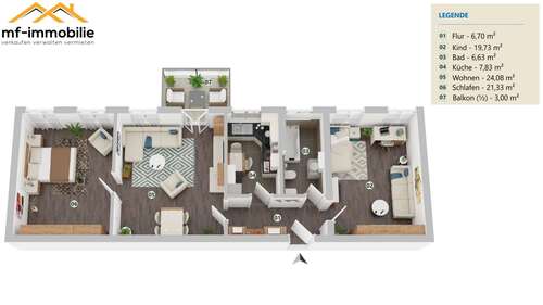 Grundriss - elegante 3-Zimmer Wohnung in Mariental 90 m² mit Tageslicht-Bad