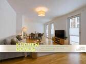 Ansicht I: Wohn- und Esszimmer mit einem Möblierungsbeispiel - **KÜCHENBONUS** Großzügige 2-Zimmer-Wohnung mit privater Terrasse im Neubauquartier DREILINDEN Living