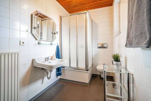 Das Duschbad mit Tageslicht ist weiß gefliest. - 