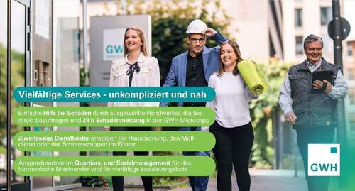 Services: Hilfe bei Schäden durch ausgewählte Handwerker mit Direktbeauftragung und 24h Schadenmeldung in der App. Dienstleister erledigen Hausordnung, Mülldienst oder Schneeschippen. Ansprechpartner im Quartiers- / Sozialmanagement. - Etagenwohnung mit 61,00 m&sup2; in Frankfurt am Main zur Miete