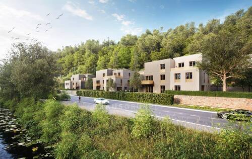 Visualisierung Straßenansicht - Neubauprojekt 'urban nature' Doppelhaushälfte in Holzbauweise