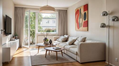 Beispiel Wohnzimmer - Eigennutz mit Weitblick: Gepflegte Wohnung mit Balkon nahe Kiehlufer für unter 300.000 € sichern