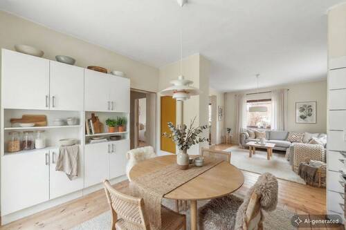 Die Küche bedarf einer Renovierung, präsentiert sich aber hell und bietet ausreichend Platz für den Essbereich (Möblierung teilweise visualisiert) - 