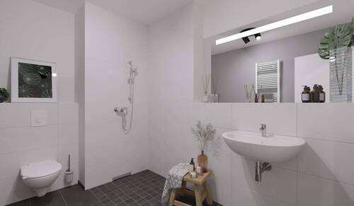 Ein modern gefliestes Badezimmer mit bodengleicher Dusche - Etagenwohnung mit 77,00 m² in Rostock zum Kaufen