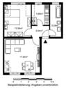 Grundriss mit Wohnzimmer (ca. 17,92 m²), Schlafzimmer (ca. 13 m²), Bad (ca. 5,26m²), Küche (ca. 5,4 m²) und Flur (ca. 2,84 m²) - 