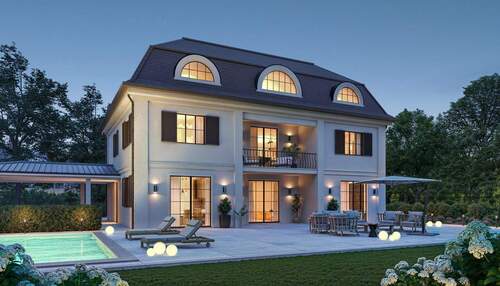 Elegante Villa zur Blue Hour. - Baugrundstück beim Böhmerwaldplatz. Bedeutendes Baupotenzial.