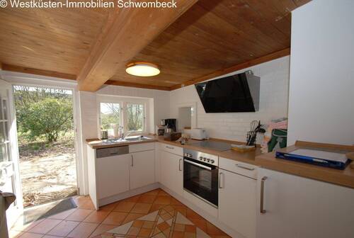 Moderne Küche mit Holzdecke und direktem Gartenausgang - 