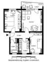 Grundriss mit Wohnzimmer (ca. 19,27 m²), Schlafzimmer (ca. 15,09 m²), Kinder-/Arbeitszimmer (ca. 10,94 m²), Bad (ca. 3,59 m²), Küche (ca. 6,49 m²), Flur (ca. 6,18 m²) und Bakon (ca. 3,04 m²) - 
