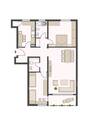 Grundriss im 1. Obergeschoss mit ca. 79,08 m² Wohnfläche, bestehend aus Loggia, Wohnzimmer, Schlafzimmer, Kinder/Arbeitszimmer, Küche und Tageslichtbad und Gäste-WC - 