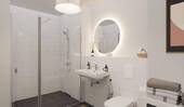 Modern gefliestes Badezimmer mit bodengleicher Dusche - Etagenwohnung mit 61,00 m² in Düsseldorf zum Kaufen